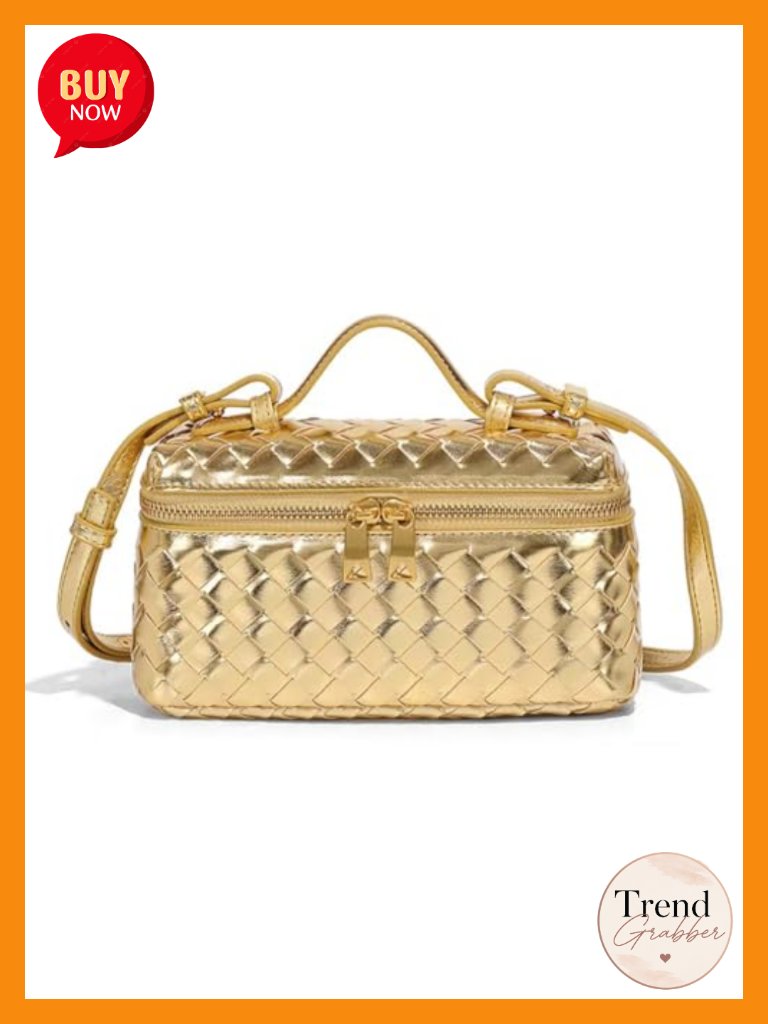Pu Leather Woven Crossbody Top Handle Bag With Gold Hardware Zip Closure